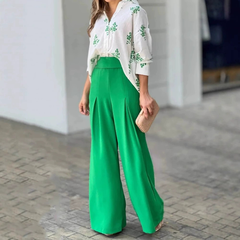 Zara Loose Printed Shirt High Waist Wide Leg Pants Office 2 Piece Set